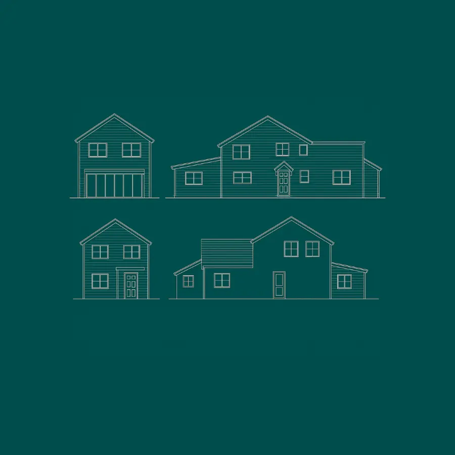 Line drawings of family houses with gardens